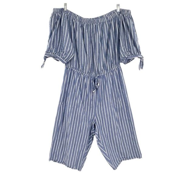 Womens Hint of Blush Pinstripe Off Shoulder Chambray Jumpsuit Romper - Sz L - Picture 2 of 2